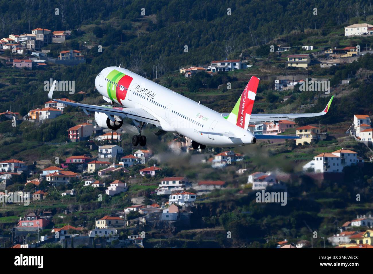 TAP Air Portugal Airbus A321 aircraft taing off from Madeira Airport in Funchal Island. Airplane A321 of TAP Portugal. Stock Photo