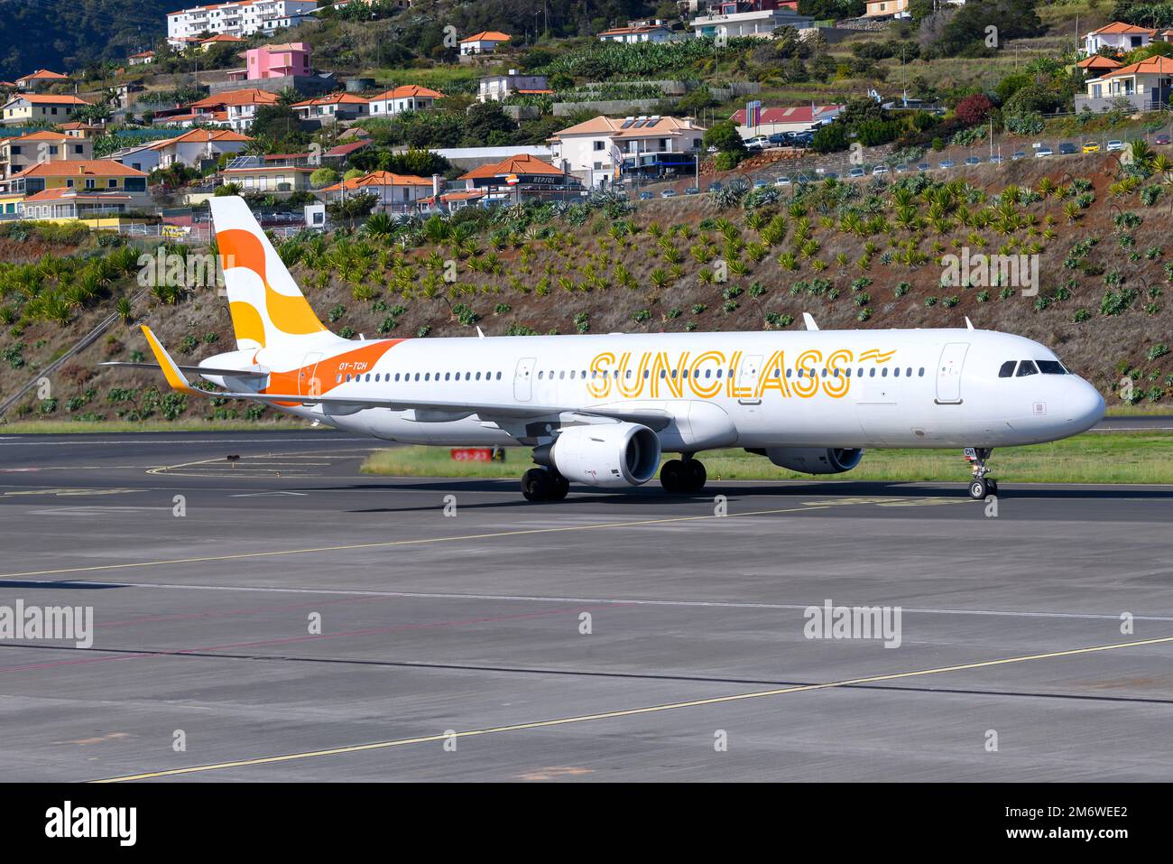 Sunclass Airlines Airbus A321 aircraft taxiing. Charter airline SunClass Airline with A321 airplane. Stock Photo