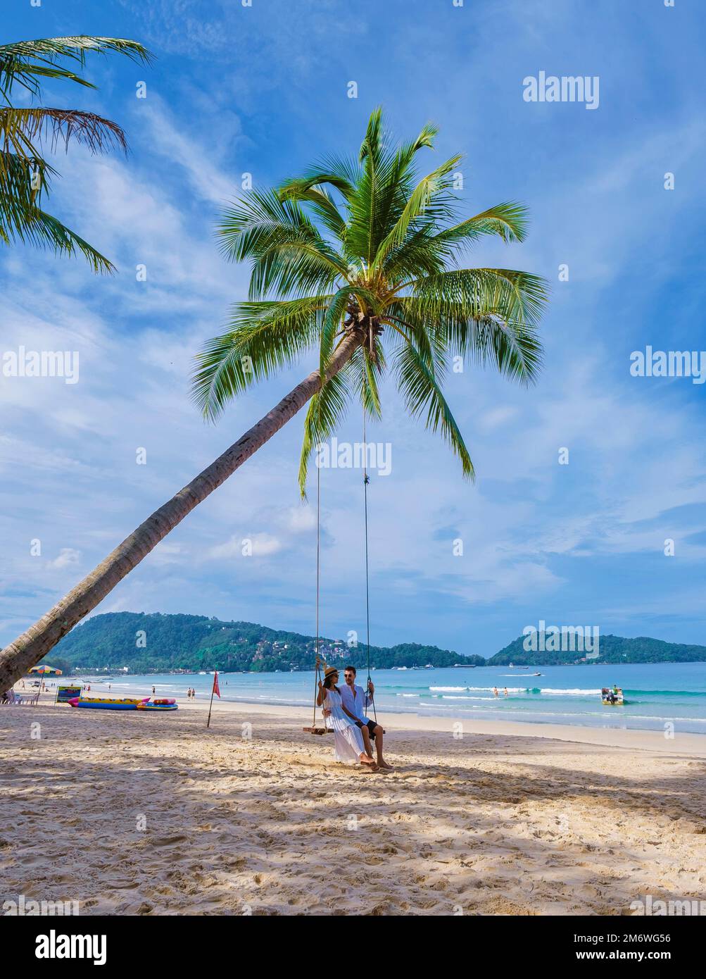 Bang Tao Beach during sunset in Phuket Thailand, palm trees during ...