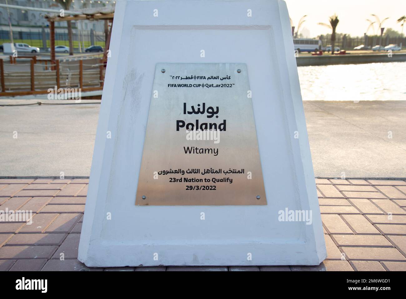 Doha, Qatar - October 6, 2022: FIFA World Cup qualified date plaque for Poland Stock Photo