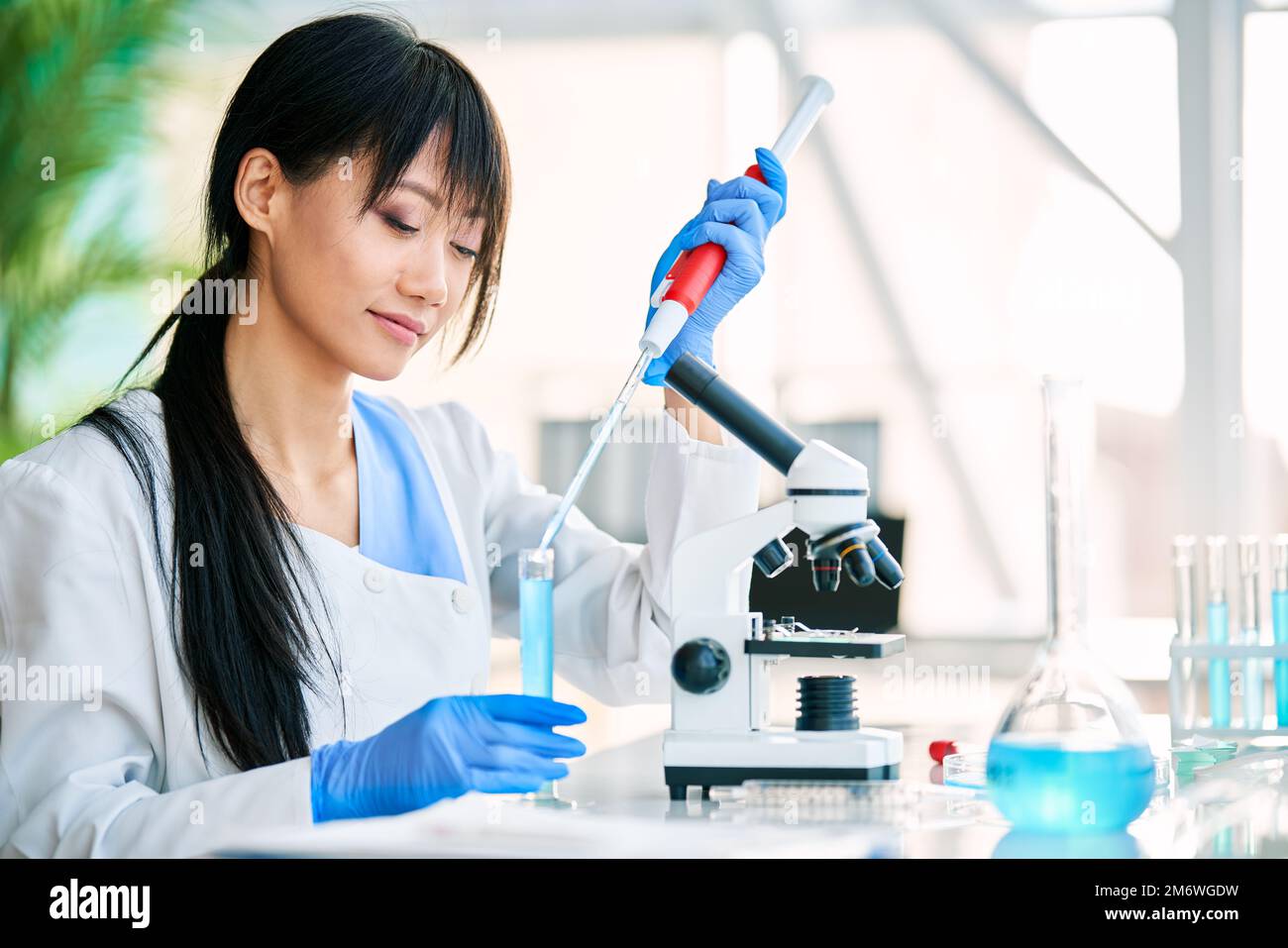 Beautiful female scientist preparing and analyzing microscope slides working in modern science laboratory. Stock Photo