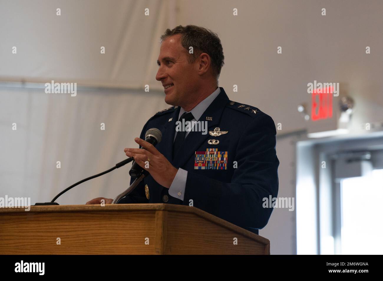 U.S. Air Force Lt. Gen. David A. Krumm, is the Commander, Alaskan Command, United States Northern Command; Commander, Eleventh Air Force, Pacific Air Forces; and Commander, North American Aerospace Defense Command Region, North American Aerospace Defense Command, gives closing remarks at ALCOM’s 75th Anniversary at the Alaska Aviation Museum in Anchorage, Alaska, May 6, 2022. Alaskan Command, in coordination with trusted partners, conducts homeland defense, civil support, mission assurance, and security cooperation within the ALCOM joint area of operations to defend and secure the United State Stock Photo
