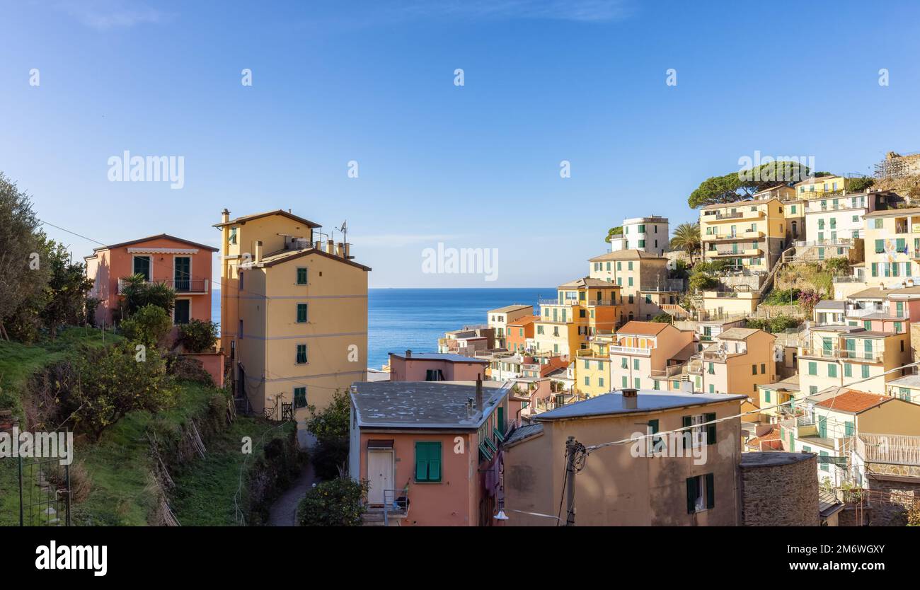 Colorful apartment homes in Riomaggiore, Italy. Cinque Terre Stock Photo