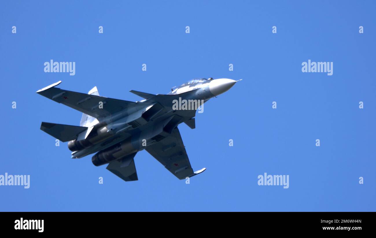 Moscow Russia Zhukovsky Airfield 25 July 2021: aerobatic Su-30 perfoming demonstration flight of the international aerospace sal Stock Photo