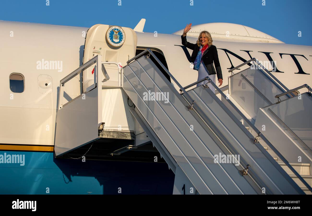 First Lady of the United States Dr. Jill Biden returns to her plane following a tour and meet and greet with U.S. service members, at Mihail Kogalniceanu Air Base, Romania, on May 6, 2022. Since joining NATO in 2004 and the EU in 2007, Romania has demonstrated strong commitment to both organizations and has proven rescues as an excellent U.S. security partner in southeastern Europe and multiple conflict areas. Stock Photo