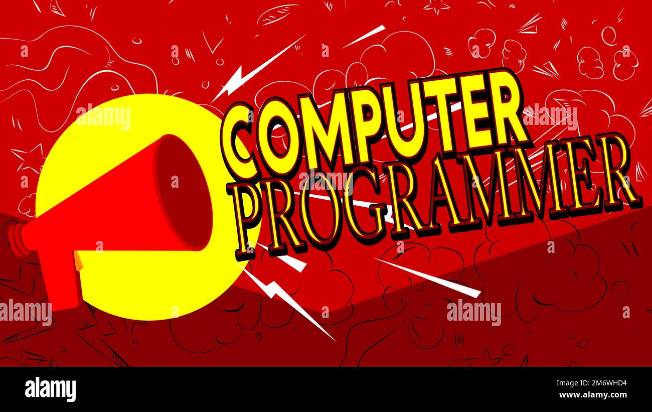 Computer Programmer text with cartoon Megaphone. Vector Announcement ...