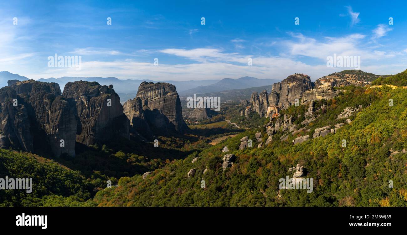 A panorama landscape view of the monasteries and rock formations of ...
