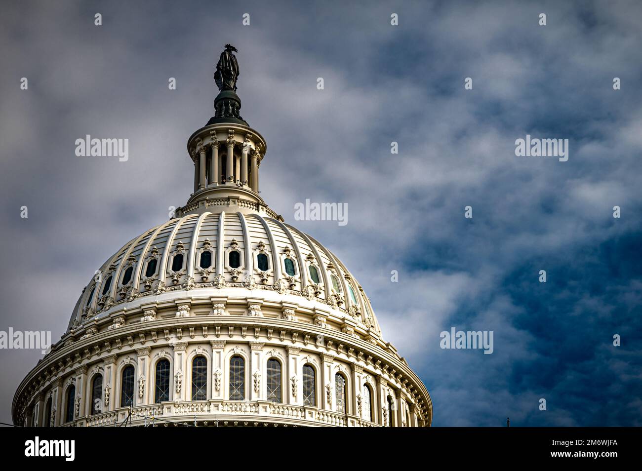 Close up view of dome of Capitol building in Washington, D.C. on a cloudy and moody day. Stock Photo