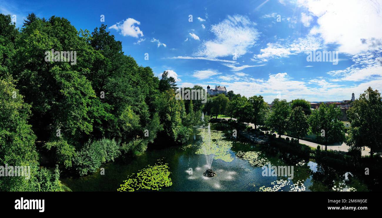 Aerial view over the pond in Illertissen with a view of the historic VÃ¶hlin Castle. Illertissen, Neu Stock Photo