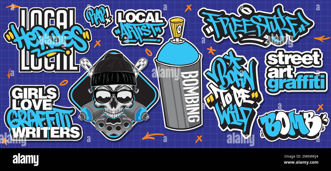A set of colorful graffiti art sticker designs. Cool urban street art