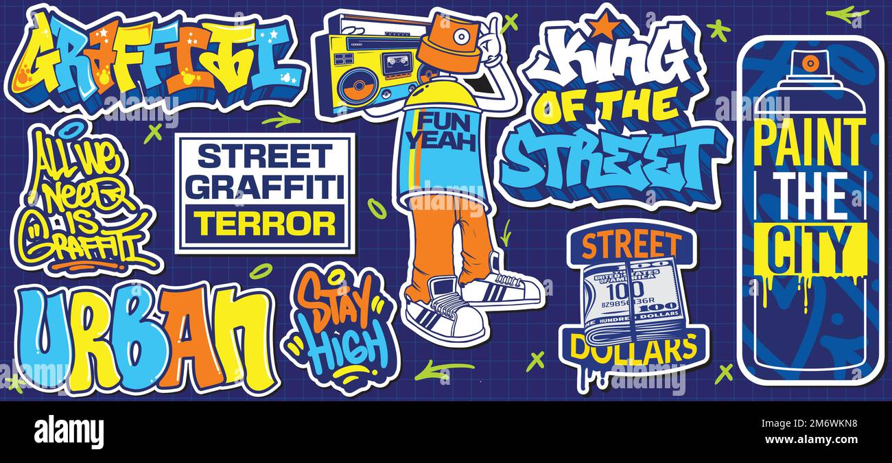 A set of colorful graffiti art sticker designs. Cool urban street art