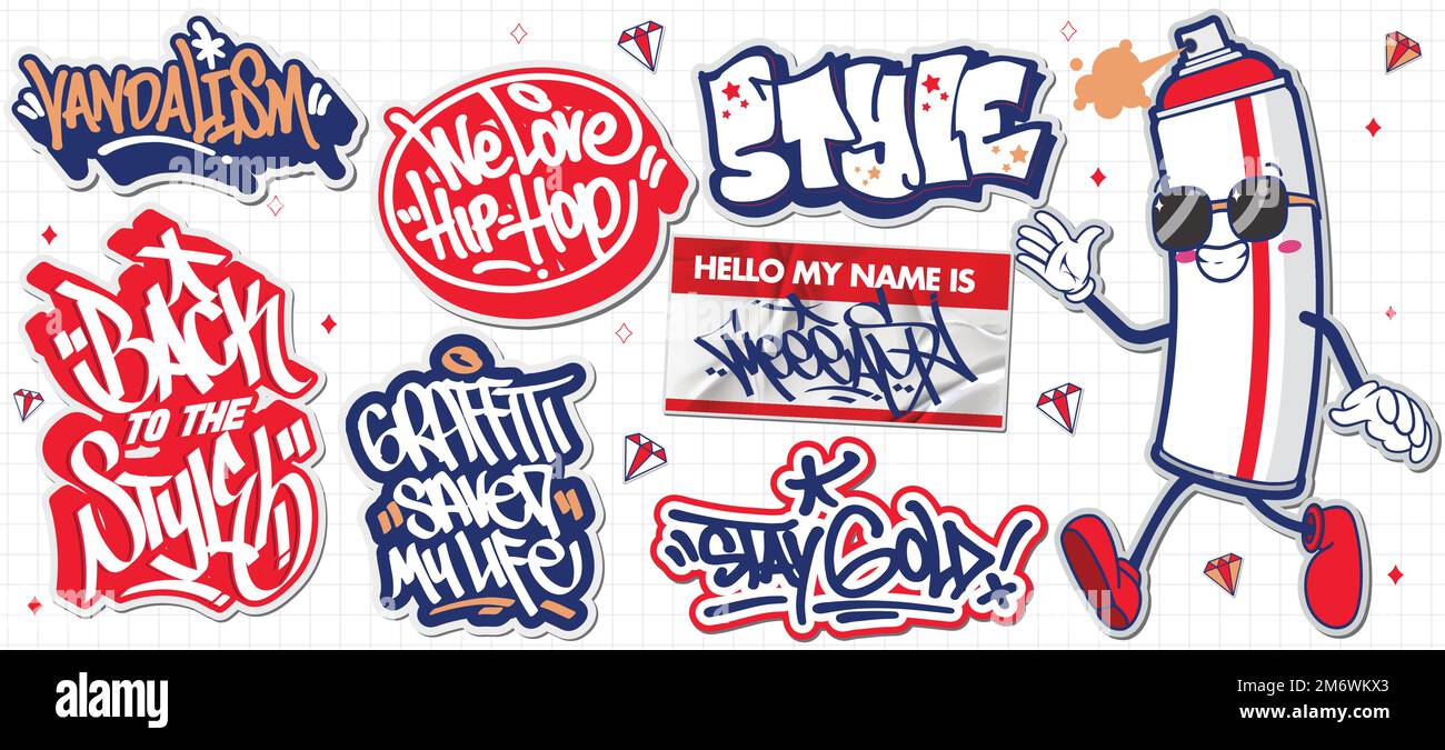 A set of colorful graffiti art sticker designs. Cool urban street art graffiti theme. sticker