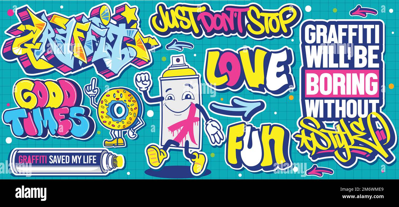 A set of colorful graffiti art sticker designs. Cool urban street art