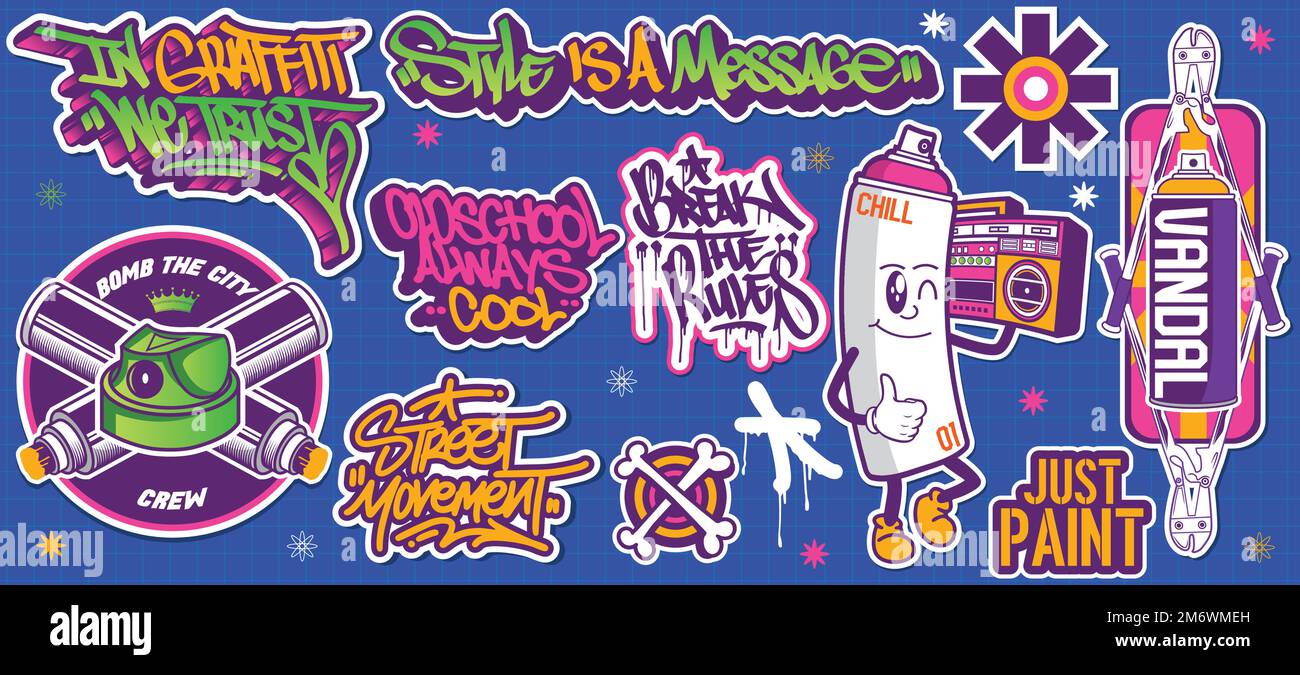 A set of colorful graffiti art sticker designs. Cool urban street art