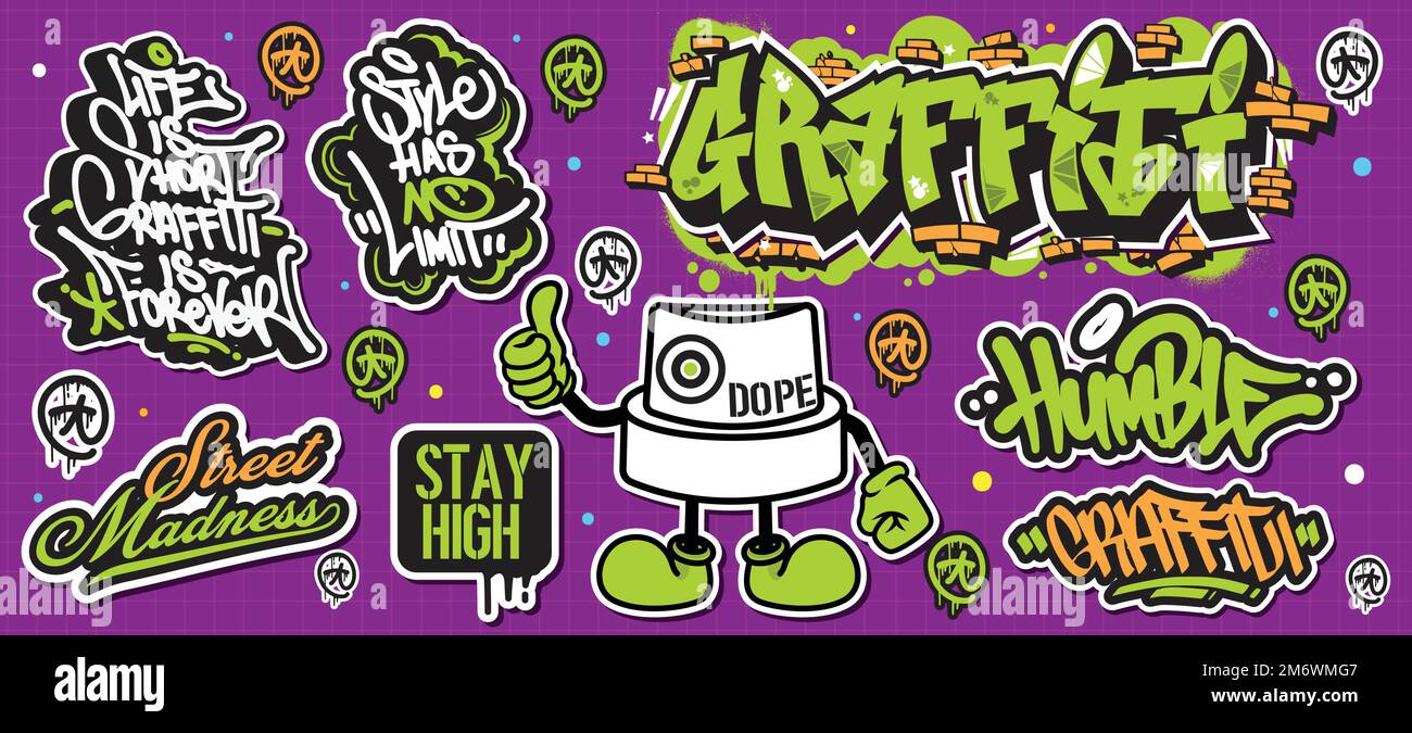 A set of colorful graffiti art sticker designs. Cool urban street art