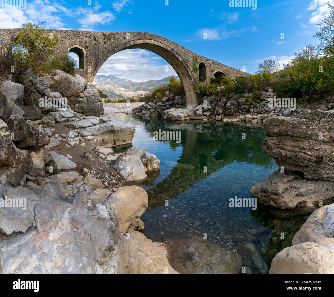 A view of the Ottoman Mesi Bridge near Shkoder in northwestern Albania Stock Photo