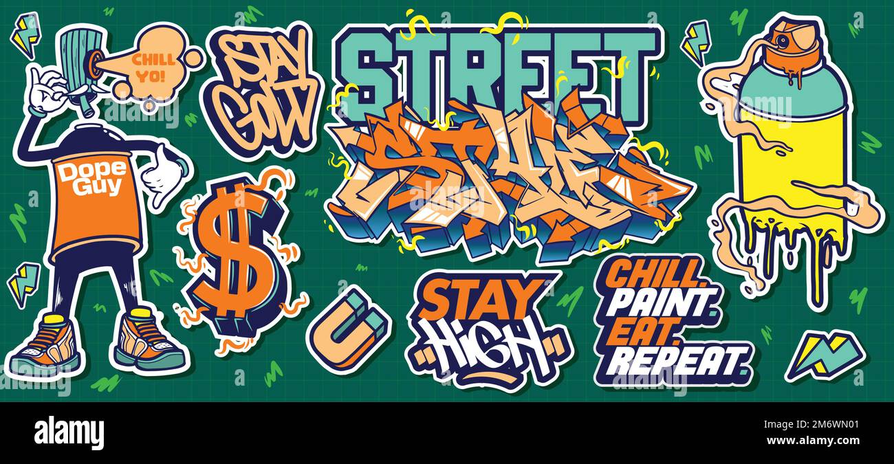 A set of colorful graffiti art sticker designs. Cool urban street art