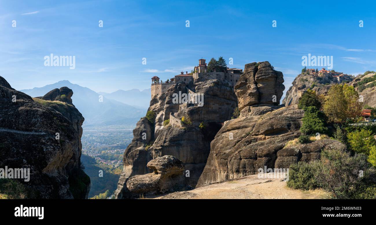 Landscape view of the Meteora rock formations with Varlaam and Great ...