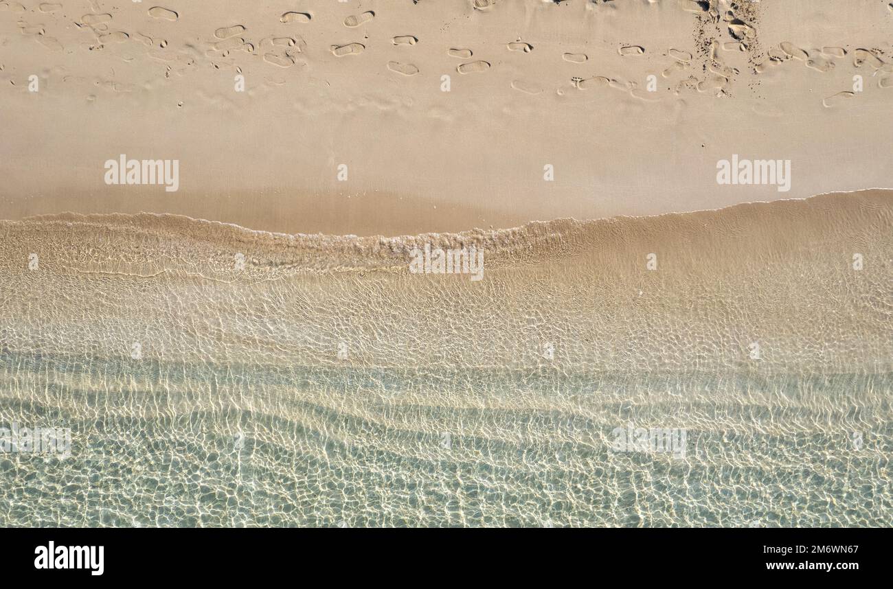 Sea landscape beach with turquoise water with copy space for text. Beautiful seascape of Sandy beach drone aerial shot Stock Photo