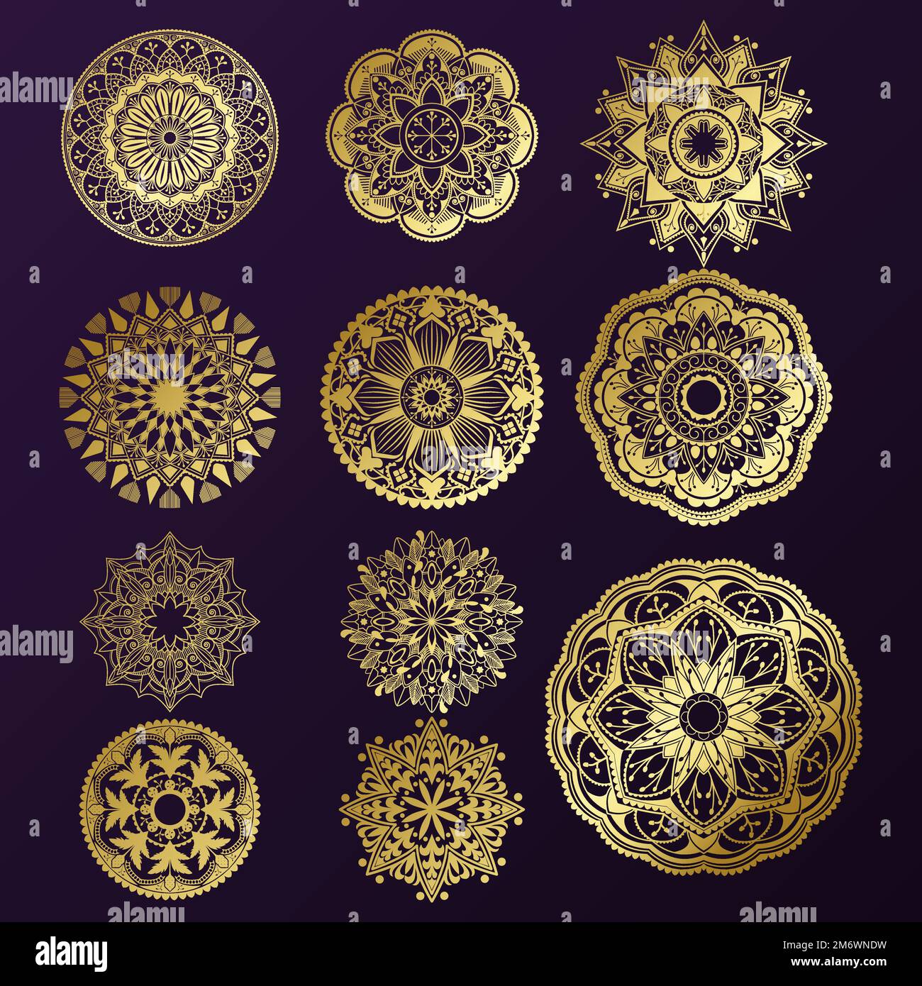 Golden mandala patterns set on black background Stock Vector