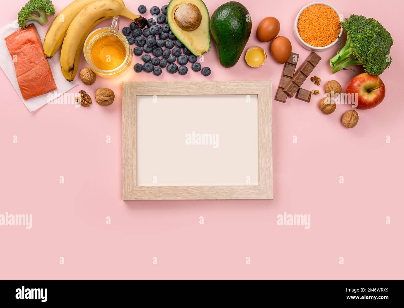 Best foods for brain and memory on pink background. Food for mind and