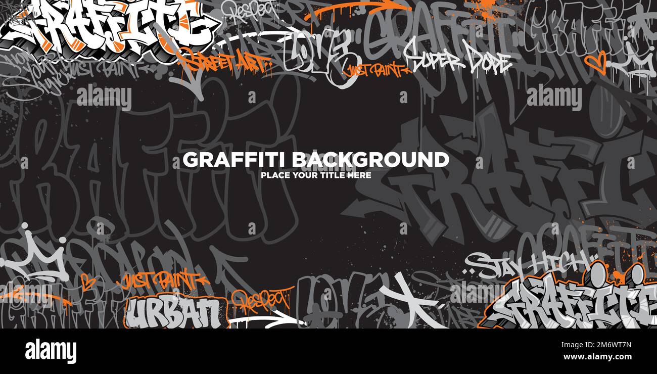 Graffiti background with throw-up and tagging hand-drawn style. Street art graffiti urban theme for prints, banners, and textiles in vector format. Stock Vector