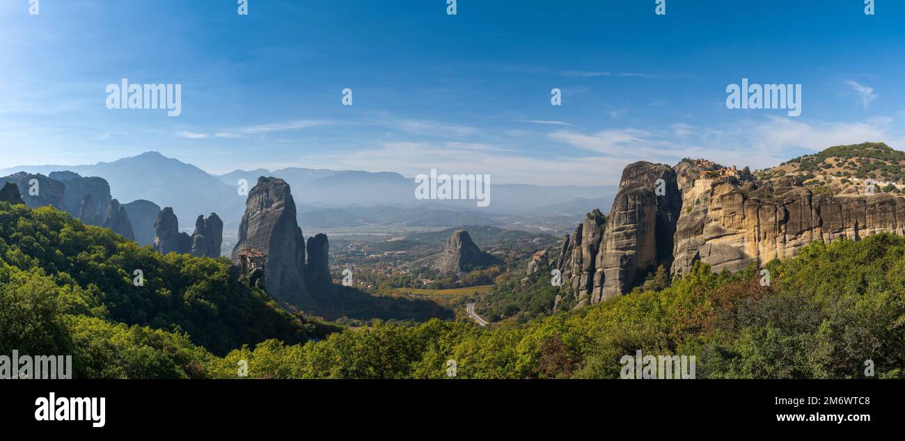 Panorama landscape view of the Meteora rock formations with the Saint ...