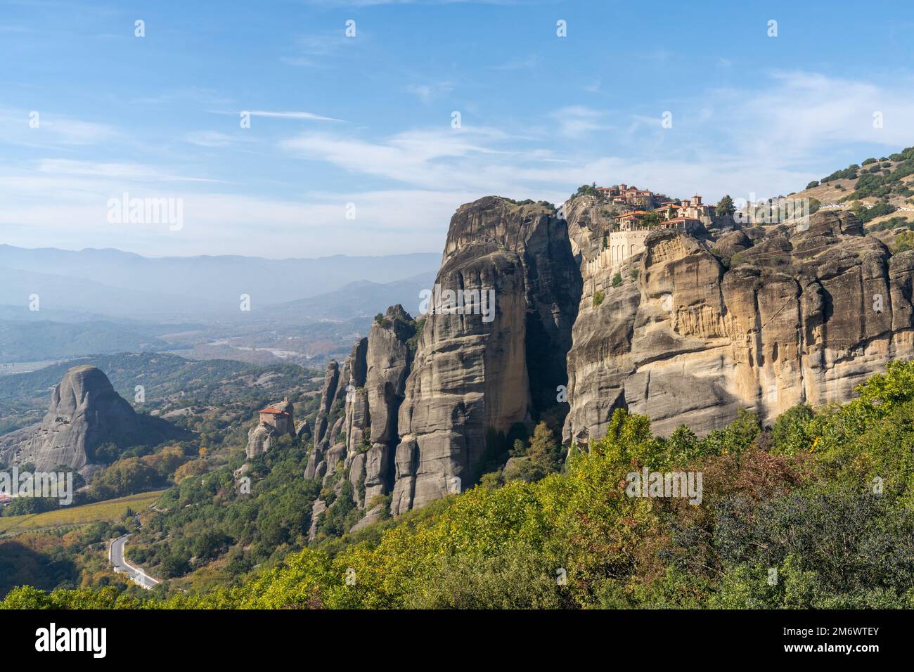 A landscape of the Meteora rock formations with the famous monasteries on the hilltops Stock Photo
