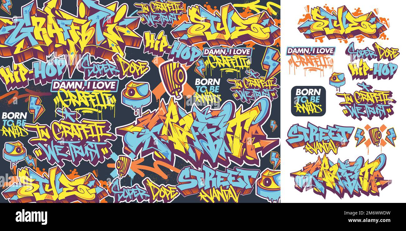 A set of colorful graffiti art sticker designs. Cool urban street art graffiti theme. sticker