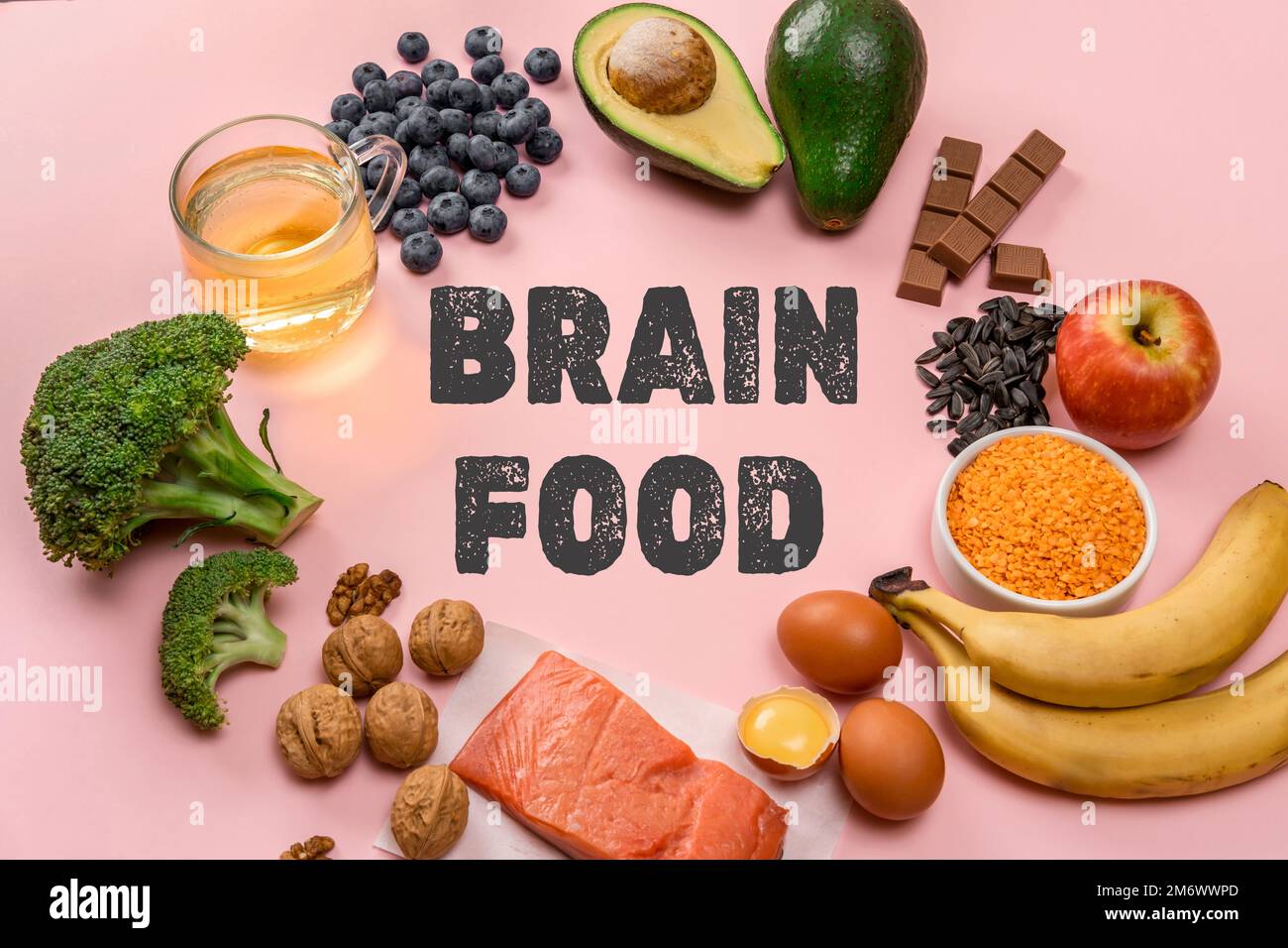 Best foods for brain and memory on pink background. Food for mind and ...