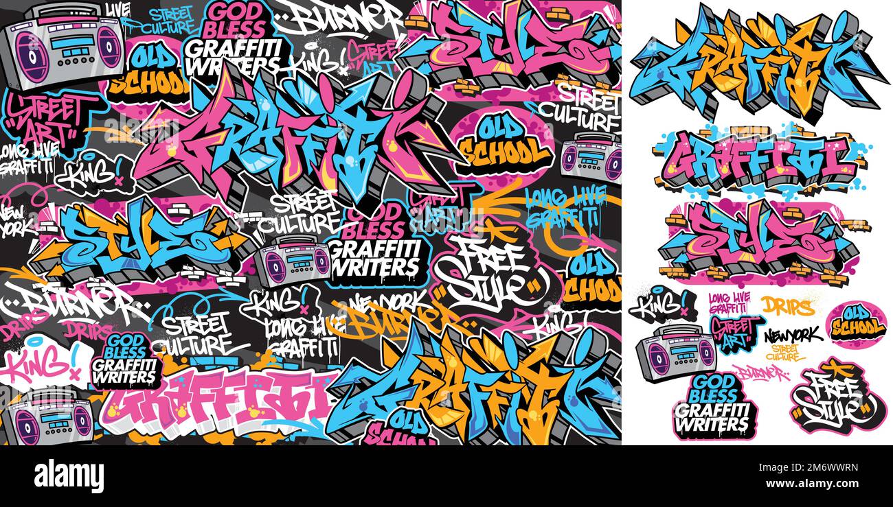 A set of colorful graffiti art sticker designs. Cool urban street art