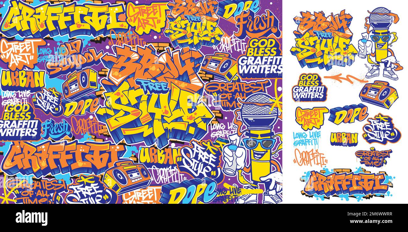 A set of colorful graffiti art sticker designs. Cool urban street art