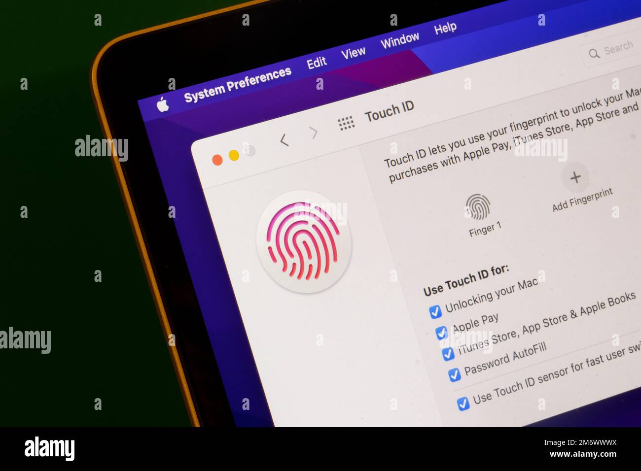 Touch ID page is seen in the System Preferences on a MacBook Air laptop computer. Stock Photo