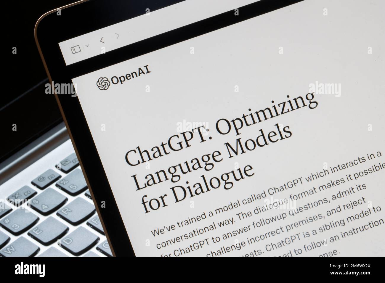 Webpage of ChatGPT is seen on OpenAI's website on a computer. ChatGPT is a prototype artificial intelligence chatbot developed by OpenAI. Stock Photo