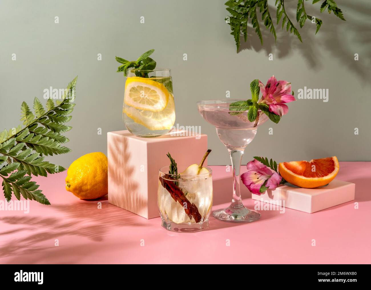 Hard seltzer cocktails with various fruits pear, grapefruit, lemon