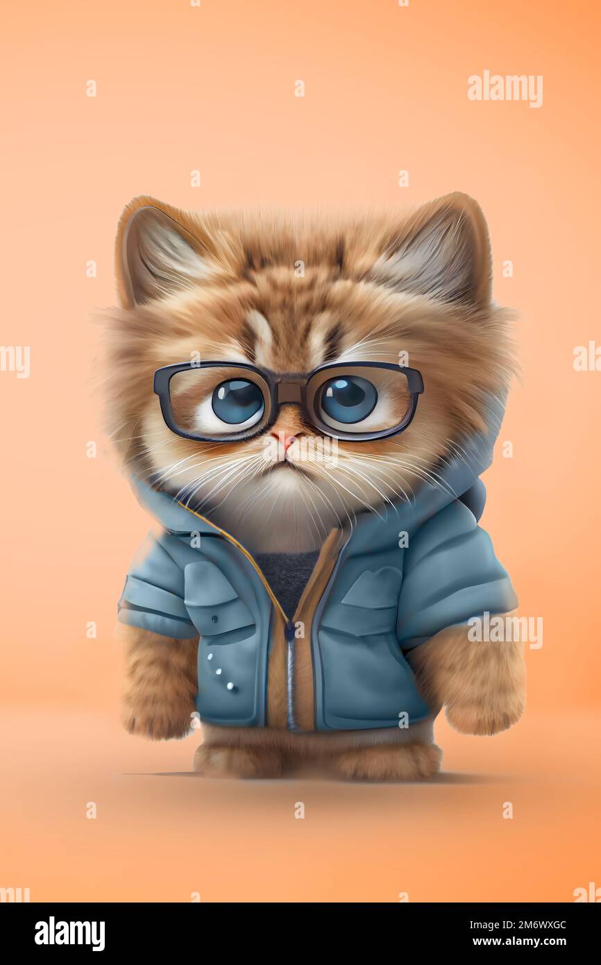 Happy cute baby cat wearing coat, deep portrait, 3d illustration