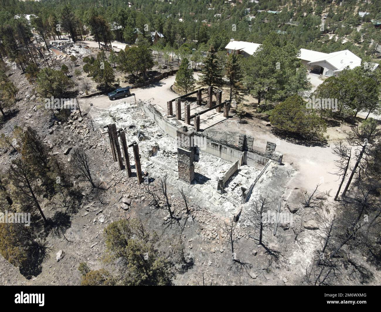 Ruidoso, NM – Photos and B-Roll imagery of fire damage in Ruidoso, New Mexico located in Lincoln County. Stock Photo