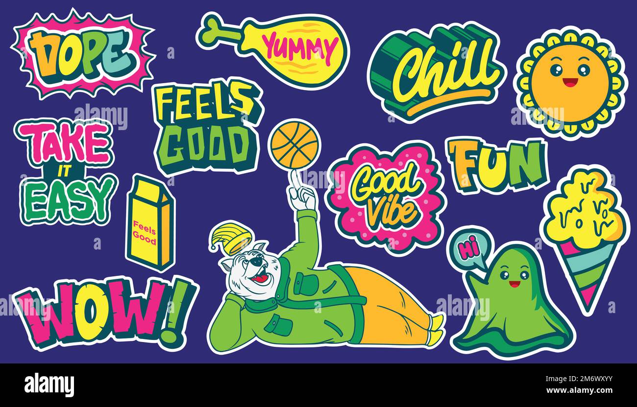 A set of colorful graffiti art sticker designs. Cool urban street art