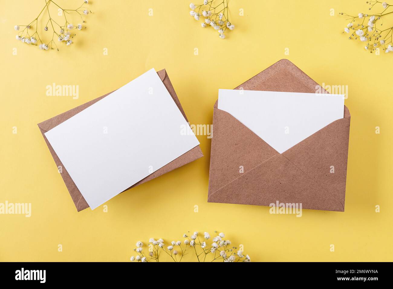Blank greeting cards and envelopes with gypsophila on yellow background ...