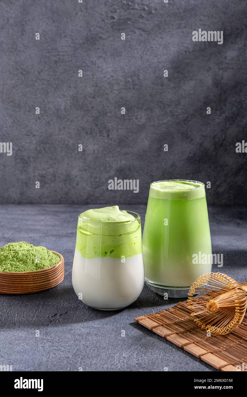 Matcha tea. Iced green tea matcha latte in glass. Green tea dalgona
