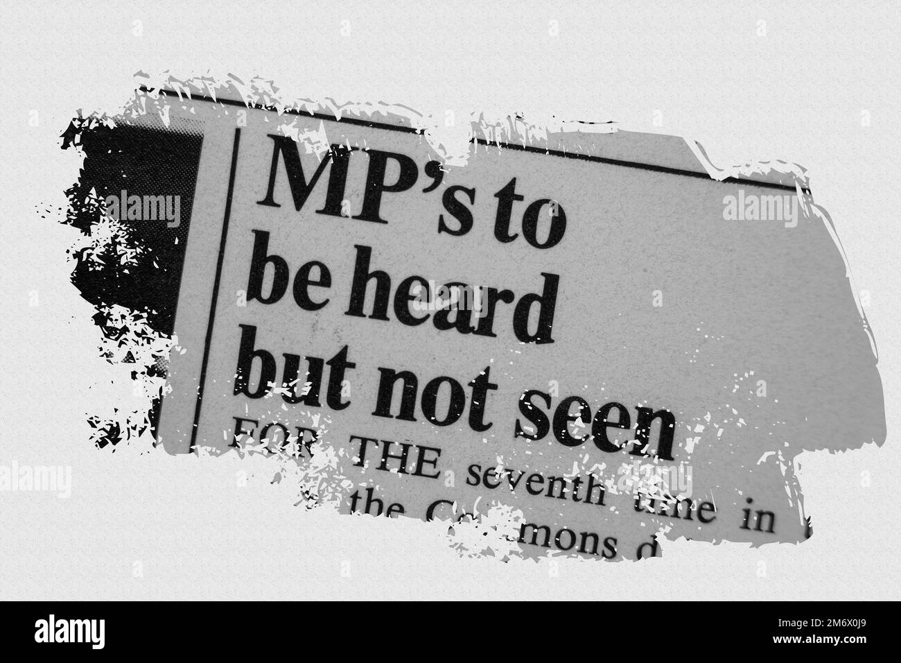 MP's to be heard but not seen - news story from 1975 newspaper headline article title with overlay Stock Photo