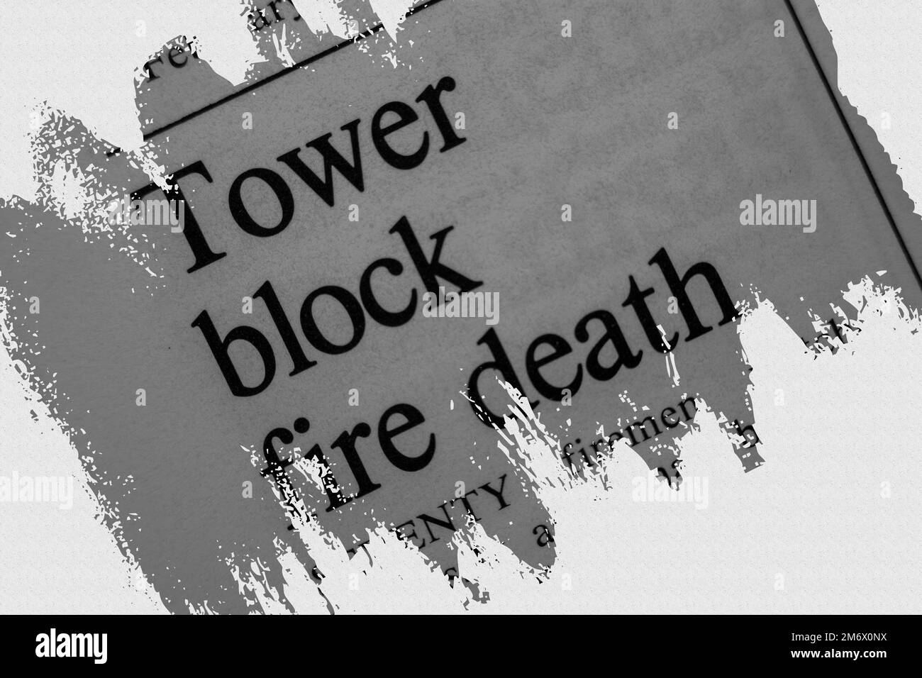 Tower block fire death - news story from 1975 newspaper headline article title with overlay Stock Photo