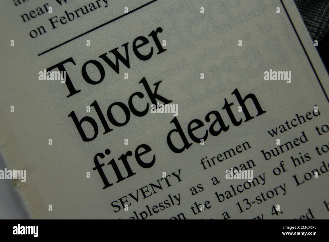Tower block fire death - news story from 1975 newspaper headline article title Stock Photo