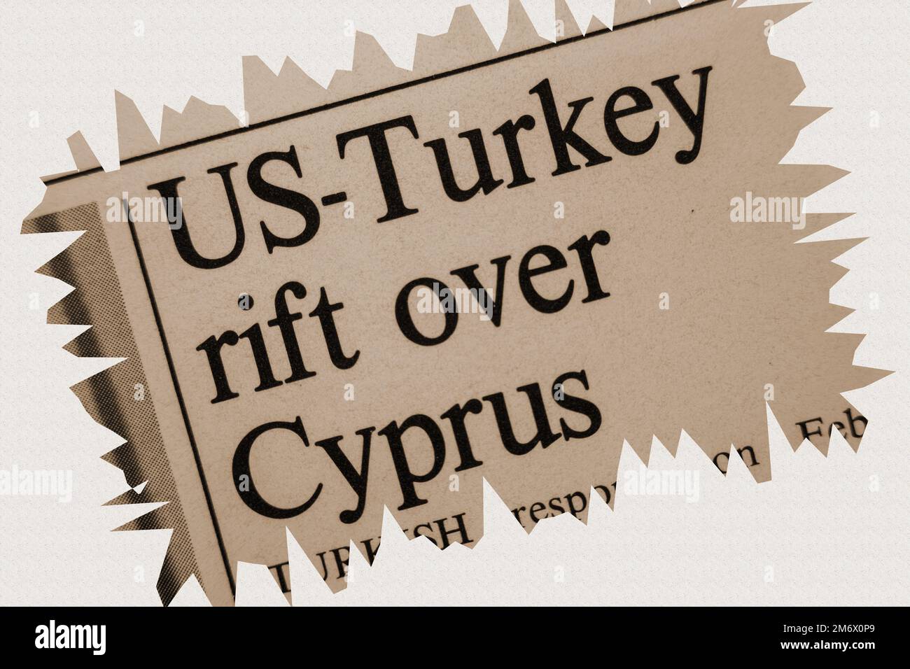 US - Turkey rift over Cyprus - news story from 1975 newspaper headline article title with overlay in sepia Stock Photo