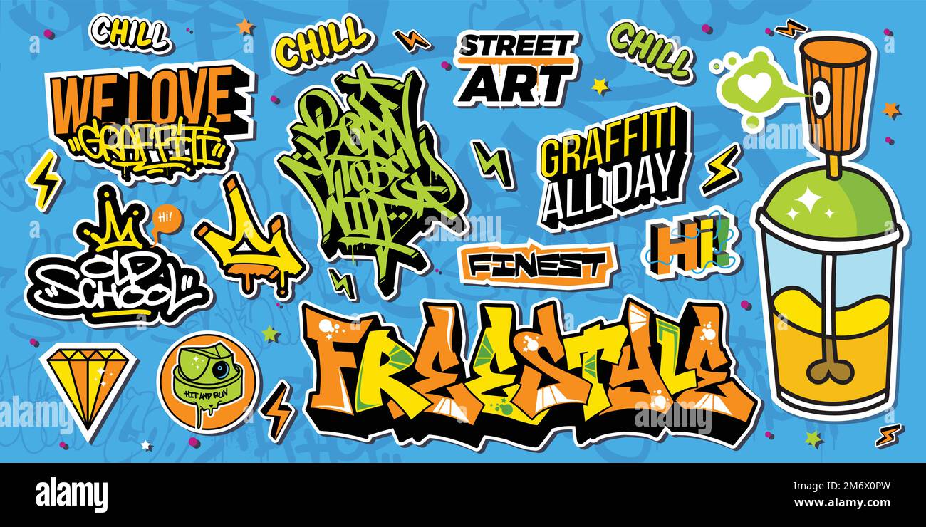 A set of colorful graffiti art sticker designs. Cool urban street art