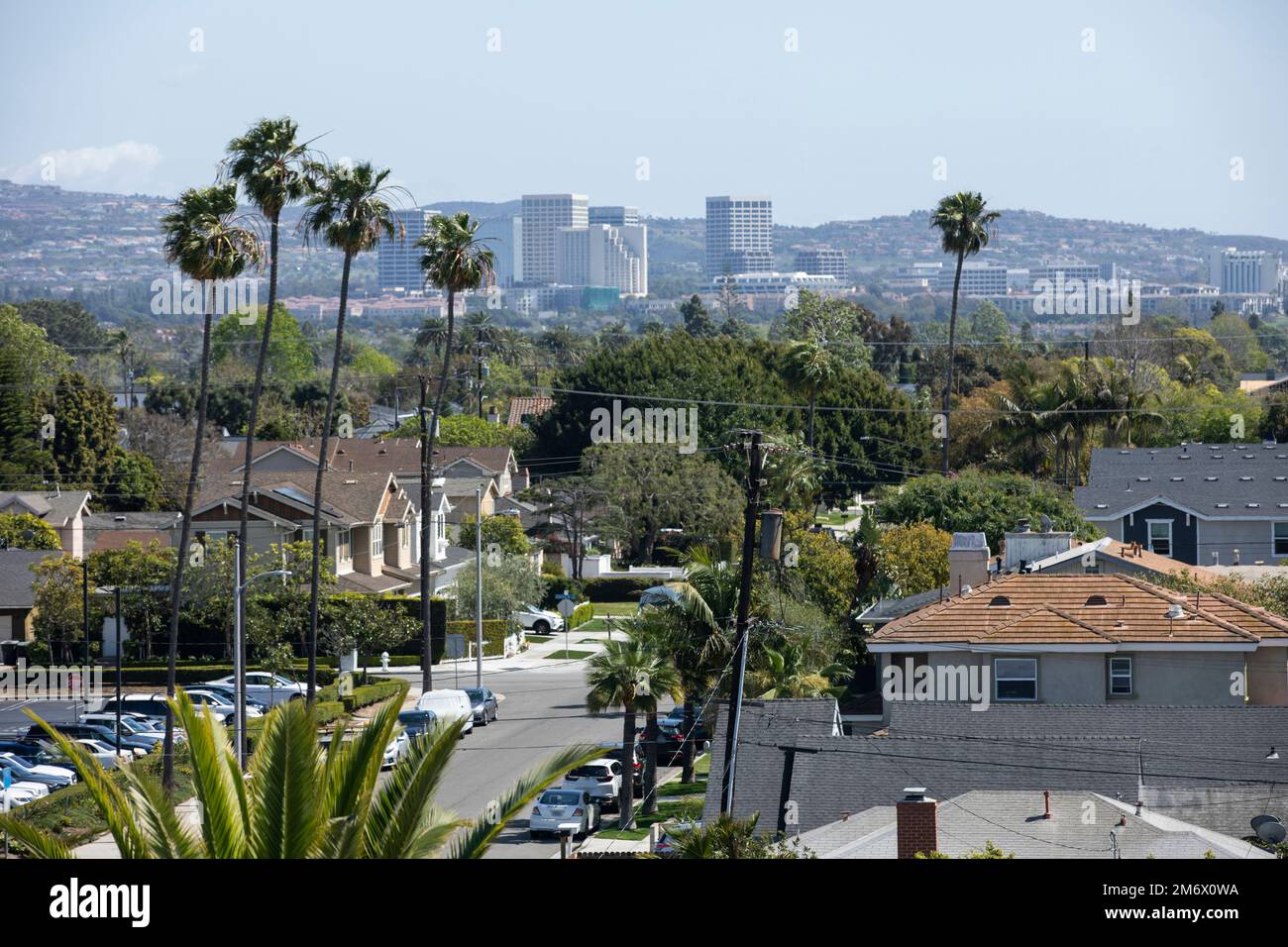 Palm framed view of downtown Costa Mesa, California, USA. Stock Photo