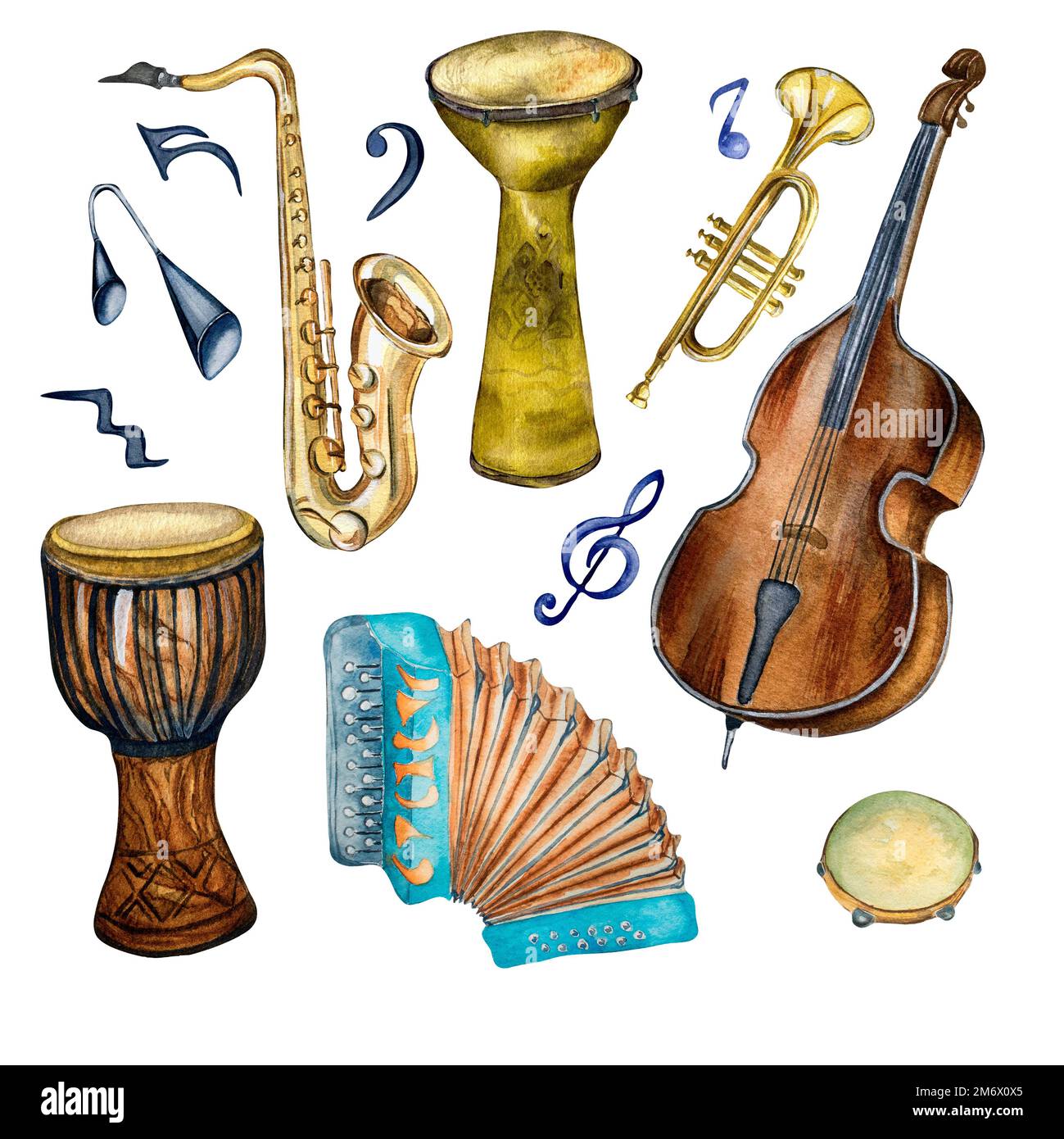 Set of jazz musical instruments and signs watercolor illustration