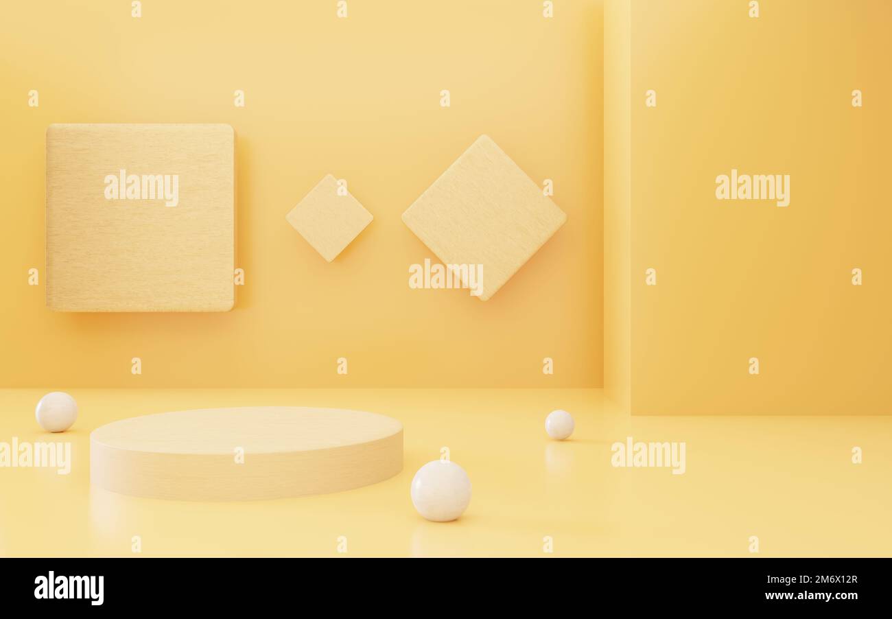 3d rendering of empty yellow podium abstract minimal background. Scene for advertising design, cosmetic ads, show, technology, food, banner, cream Stock Photo