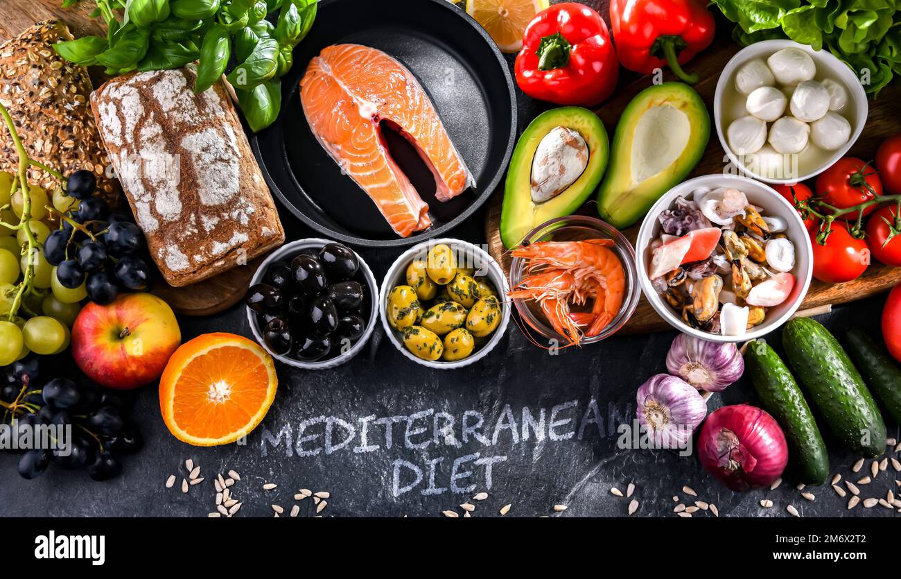 Food products representing the Mediterranean diet which may improve overall health status Stock Photo