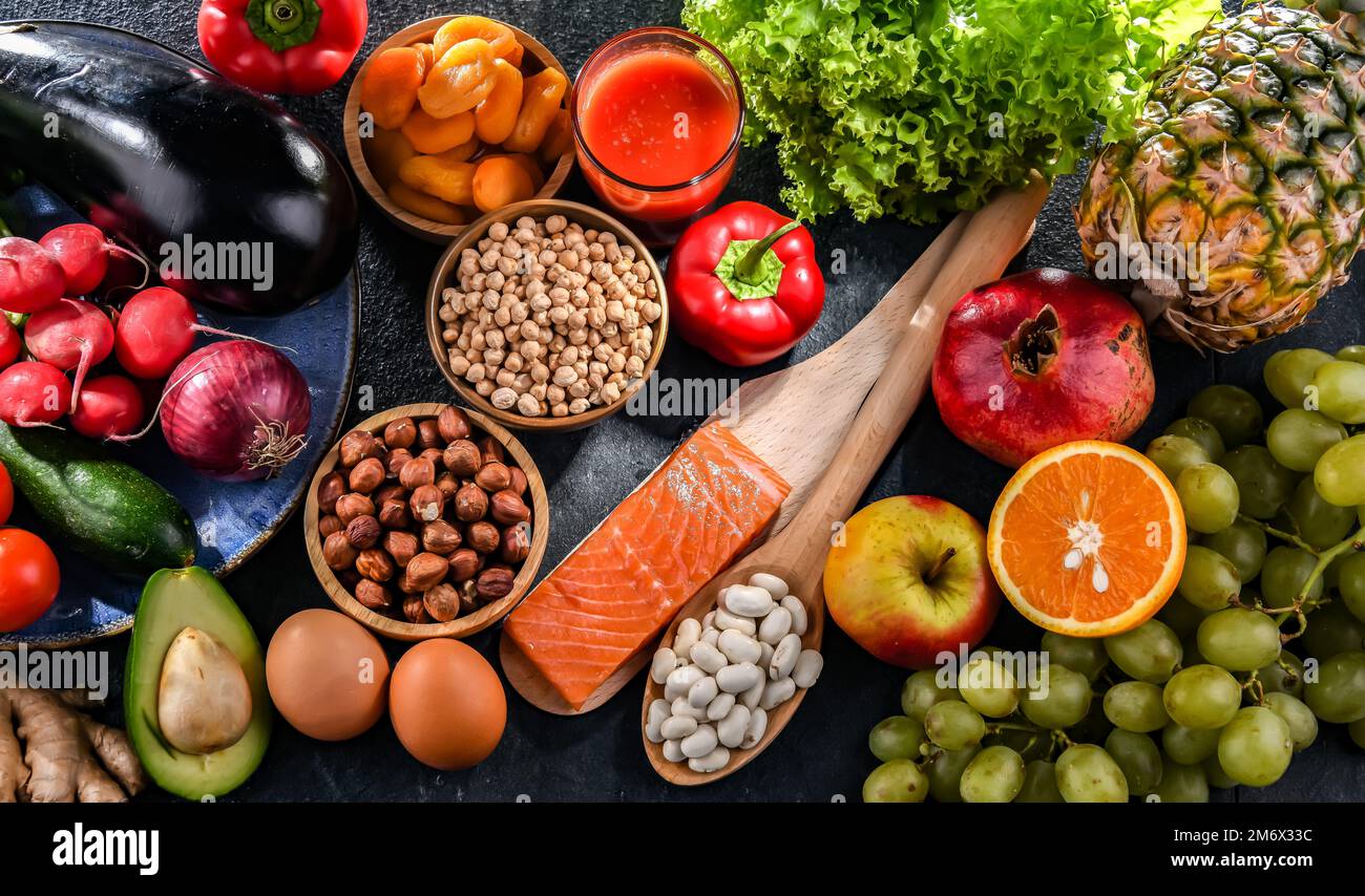 Food products representing the nutritarian diet which may improve overall health status Stock Photo